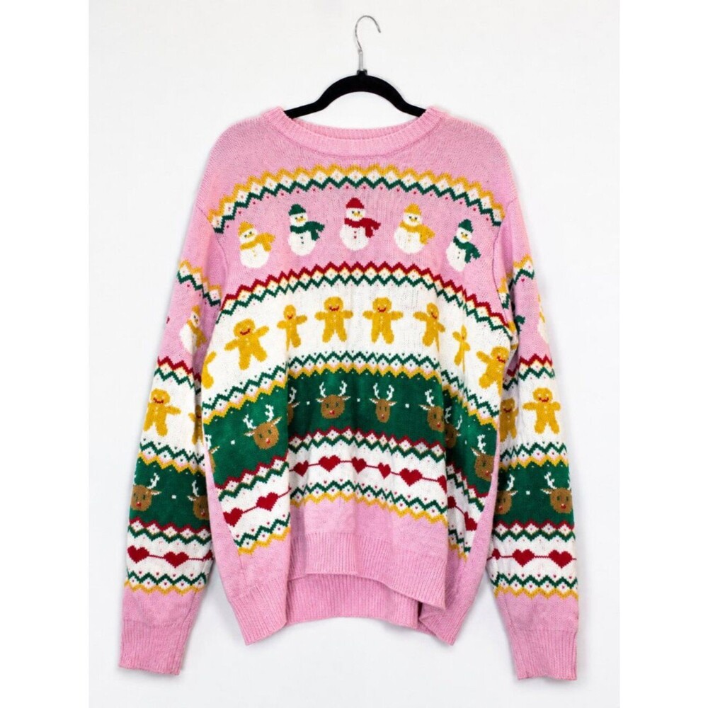 Pink Christmas Fair Isle Sweater XXL | Snowmen Gingerbread Reindeer Holiday Knit